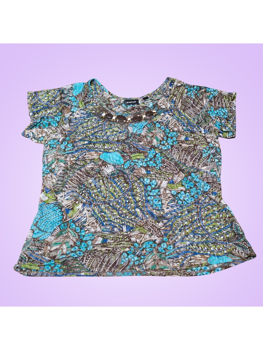 Avenue Womens 18/20 Embellished Floral Leaf Print Top Blue Green Brown
